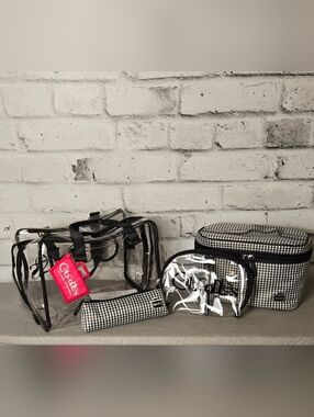 Caboodles 4pc Travel Makeup Bag Set Houndstooth Clear Train Case